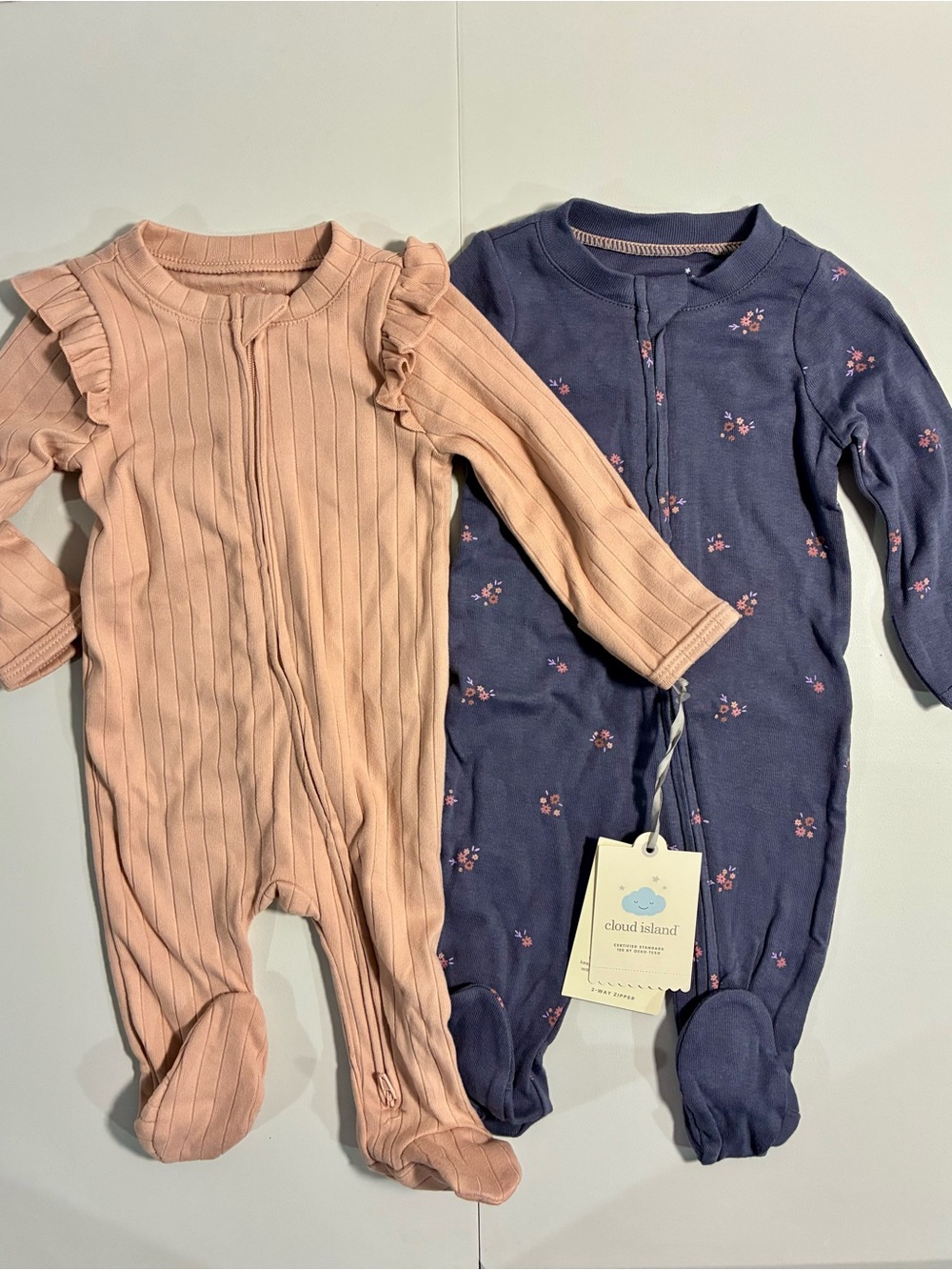 cloud island Pink Ribbed One-Piece & Navy Floral Footie